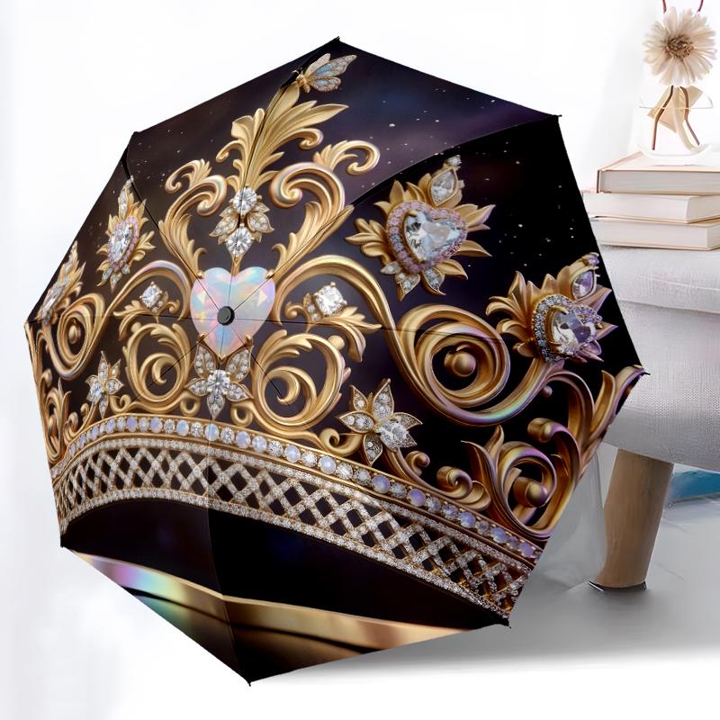 1pc Sturdy 8-Bone Auto Umbrella, crown Umbrella, Digital Printed, Foldable Umbrella for On-the-Go Outdoor Use