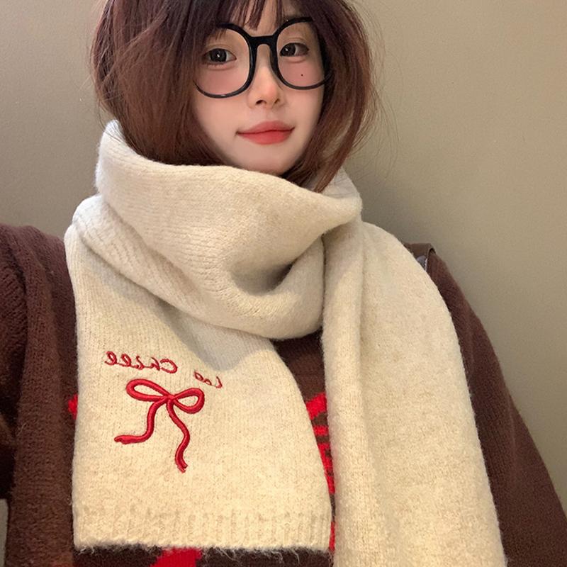 2025 Winter  College Style Imitation Cashmere Scarf Solid Color  Embroidered Bow Couple Scarf