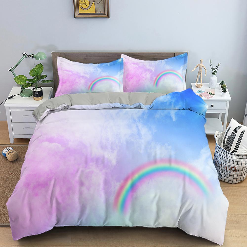 Rainbow Duvet Cover Set Colourful Cloud Rainbow Pattern 3D Polyester Comforter Cover King Full Size For Women Girl Bedding Set