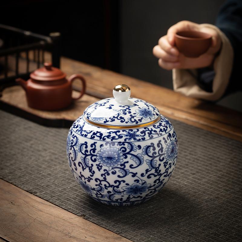 Tea Storage Jar Ceramic Household Storage Sealed Jar Retro Blue and White General Jars Coffeeware Teaware Tea Storage Porcelain