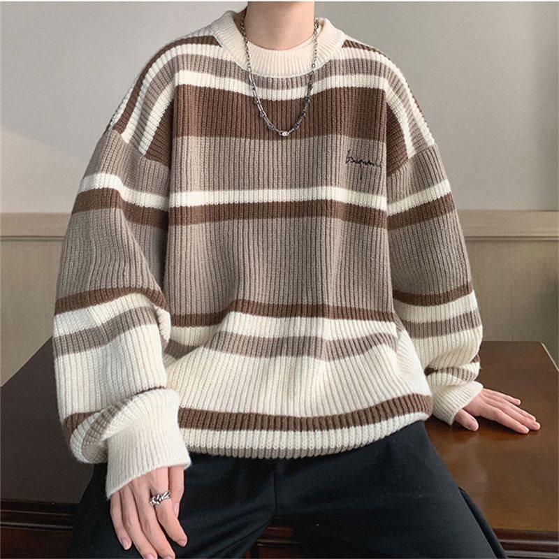

Men s Japanese Retro Striped Knit Cardigan - Winter Loose Fit Sweater XL 120-140 lbs