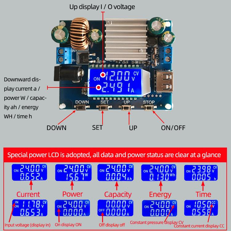 Automatisches Aufwärts-Abwärts-Modul, einstellbar, Konstantspannung, Konstantstrom-Netzteilmodul, DC-DC 5-30V auf 0,6-30V, LCD-Voltmeter