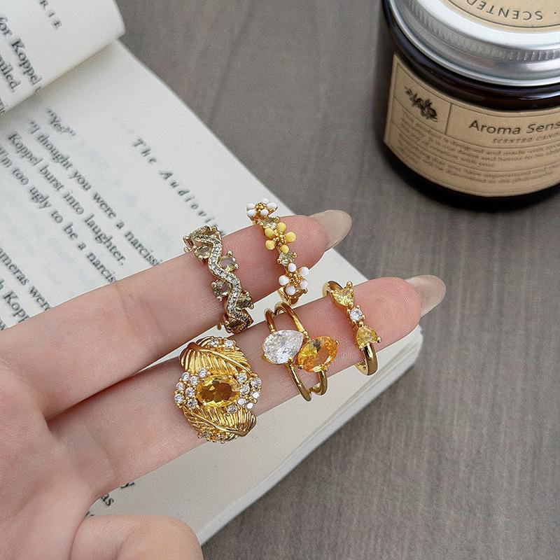 Double Diamond Open Ring Light Luxury Niche Premium Feather Butterfly Flower Beads Stacked Wearing Ring