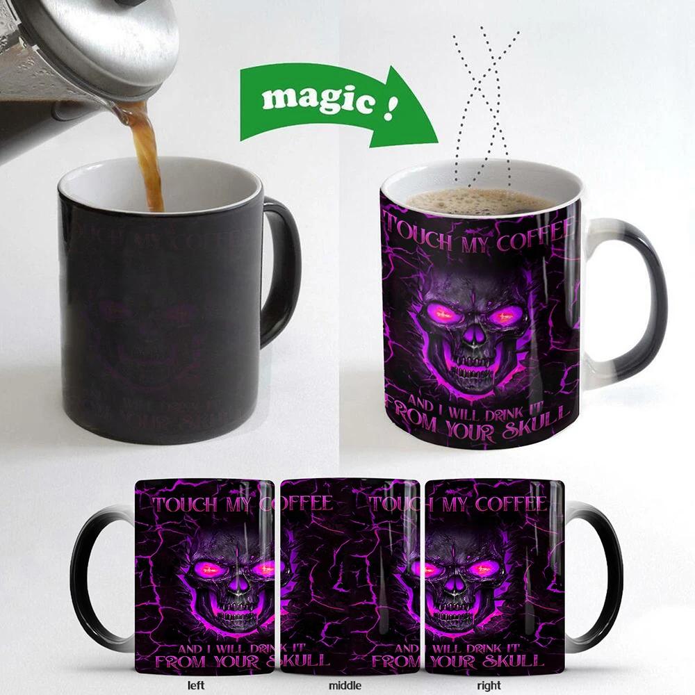 Color Changing Cups Touch My Coffee Mug 11oz 3D Fire Skull Black Ceramic Coffee Mug Halloween Gift Mug Gamer Husband Tea Cup