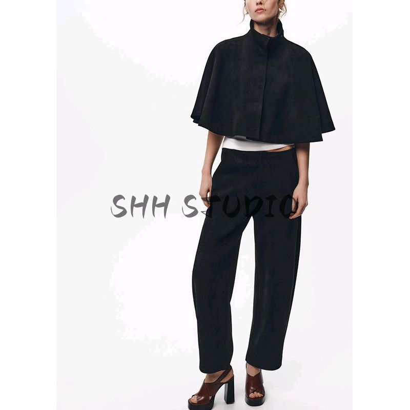 Spring New Women's Clothing French Style Circular Lower Hem Suede Texture Effect High Collar Cape Coat 4344151