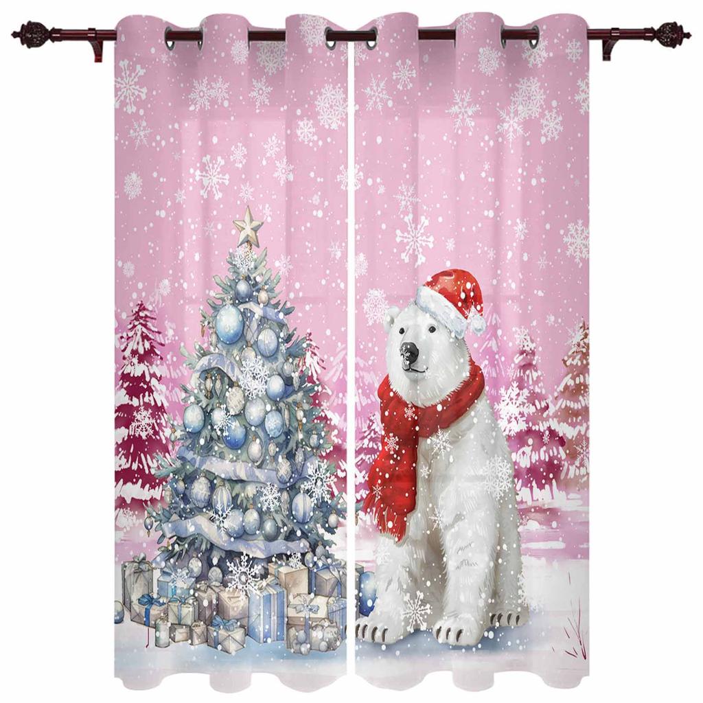 Christmas Tree Snowflake Polar Bear Pink Print Curtains for Bedroom Living Room Drapes Kitchen Window Curtain Home Decoration