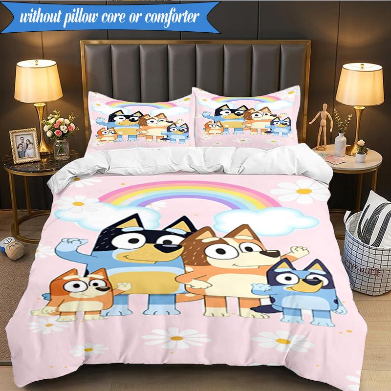 3PCS Bluey Friends Adventure Bedding Set 2D Printing (Includes 1 Duvet Cover + 2 Pillowcases Coreless), Bedroom decor,Fan Gift