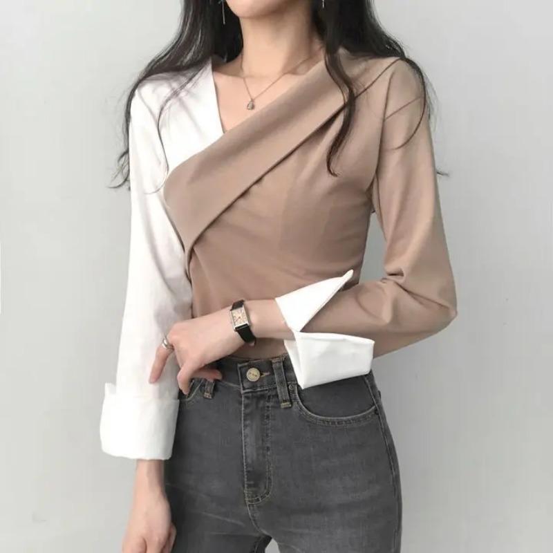 Women's Khaki White Color Block Asymmetric V-Neck Blouse Long Sleeve Cuff Detail Casual Slim Top