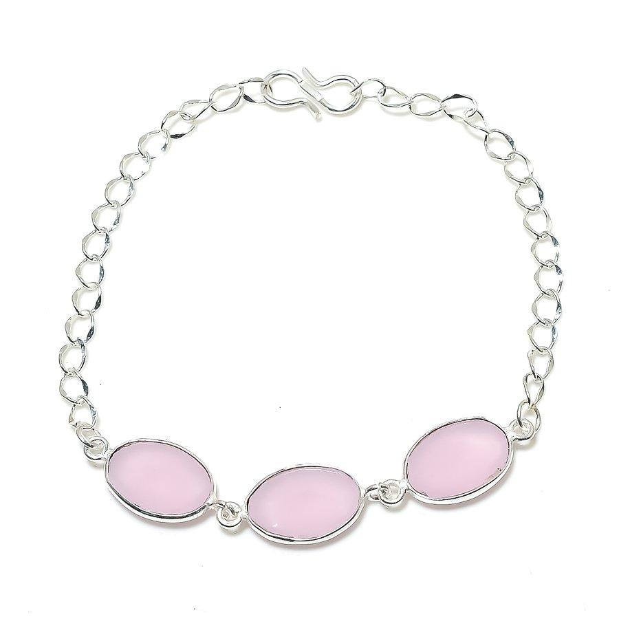 Pink Chalcedony Gemstone Handmade 925 Sterling Silver Jewelry Bracelet 7-8" GK-6339