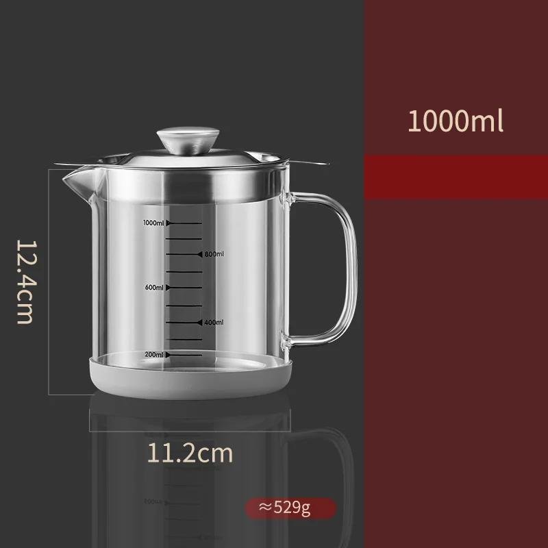 

1L/1.5L Transparent Glass Oil Filter Pot with Scale kitchen Oil Separator&Storage Tank with Fine Mesh Strainer Grease Container