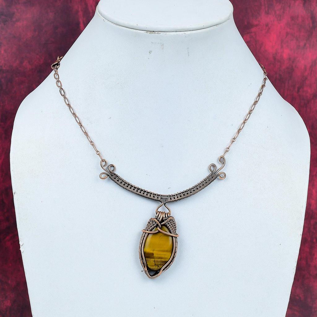 Tiger's Eye Gemstone Necklace Copper Wire Wrapped Adjustable Chain Necklace
