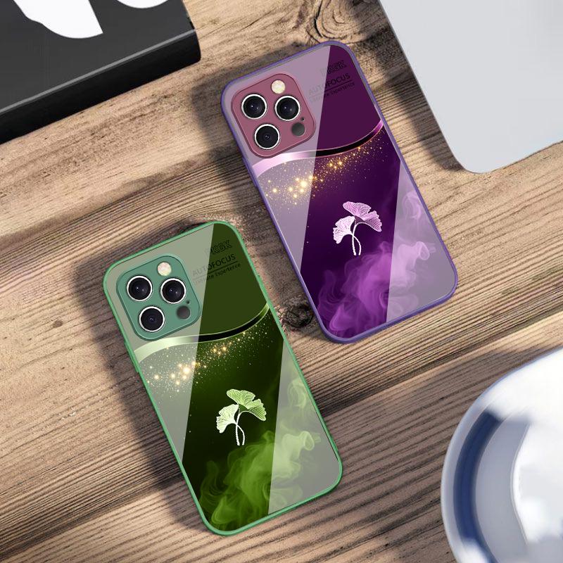 Lila Rauch Ginkgoblätter Für IPhone 16 Pro Max 15 Pro 14 13 12 Mini 11 XS M ax XR 7 8 Plu SE 2022 Gehärtetes Glas Handyhülle