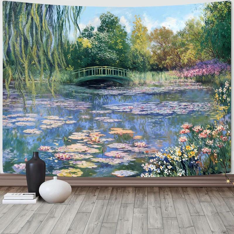 Monet Water Lilies Tapestry, Impressionism Oil Painting Garden Bridge Wall Hanging for Bedroom Living Room Home Decor 100X70CM