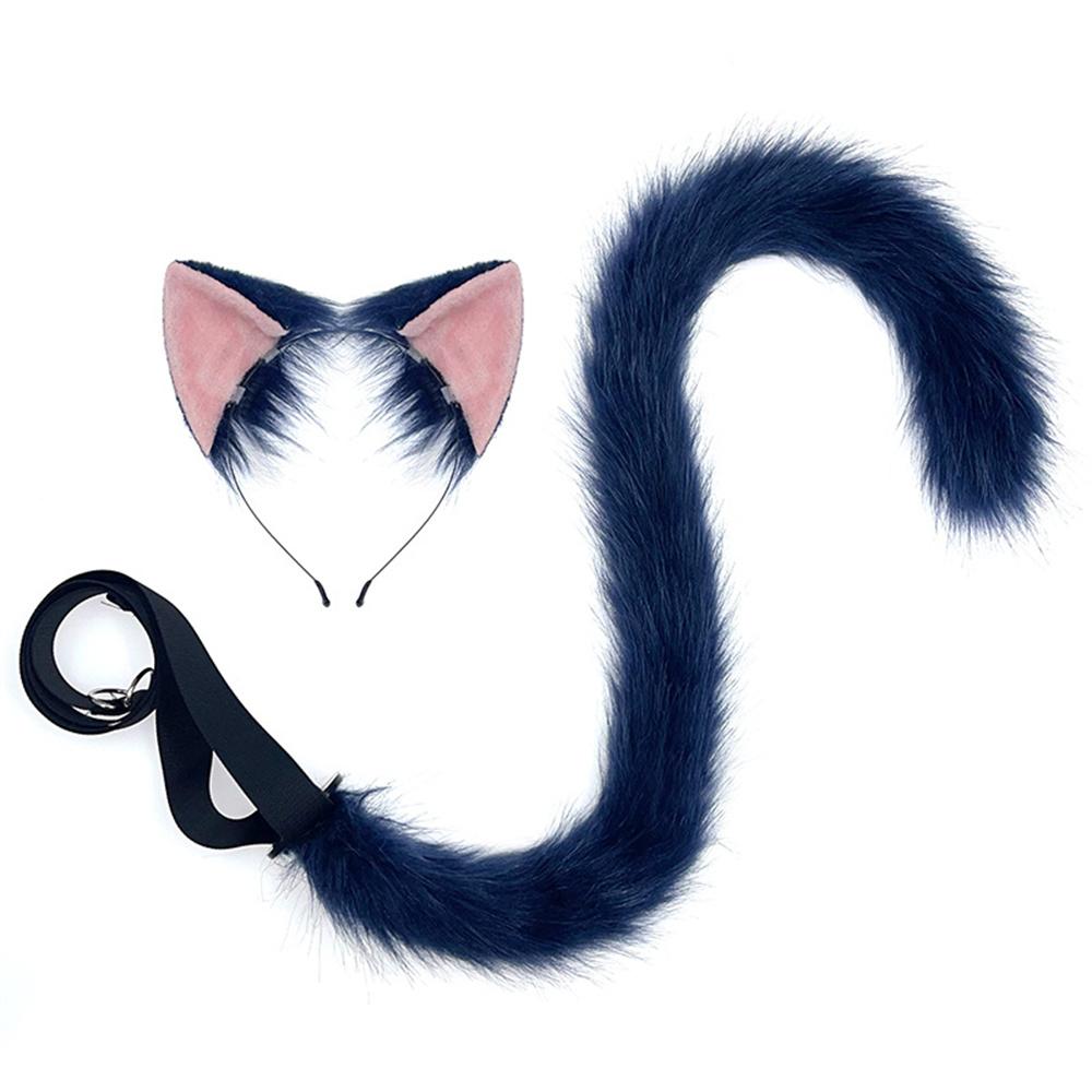 

2Pcs/Set Furry Cosplay Cat Ear Plush Tail For Women Girl Navy Blue Fluffy Anime Animal Ears Tail Cat Boy Cos Costume Accessories ear and tail