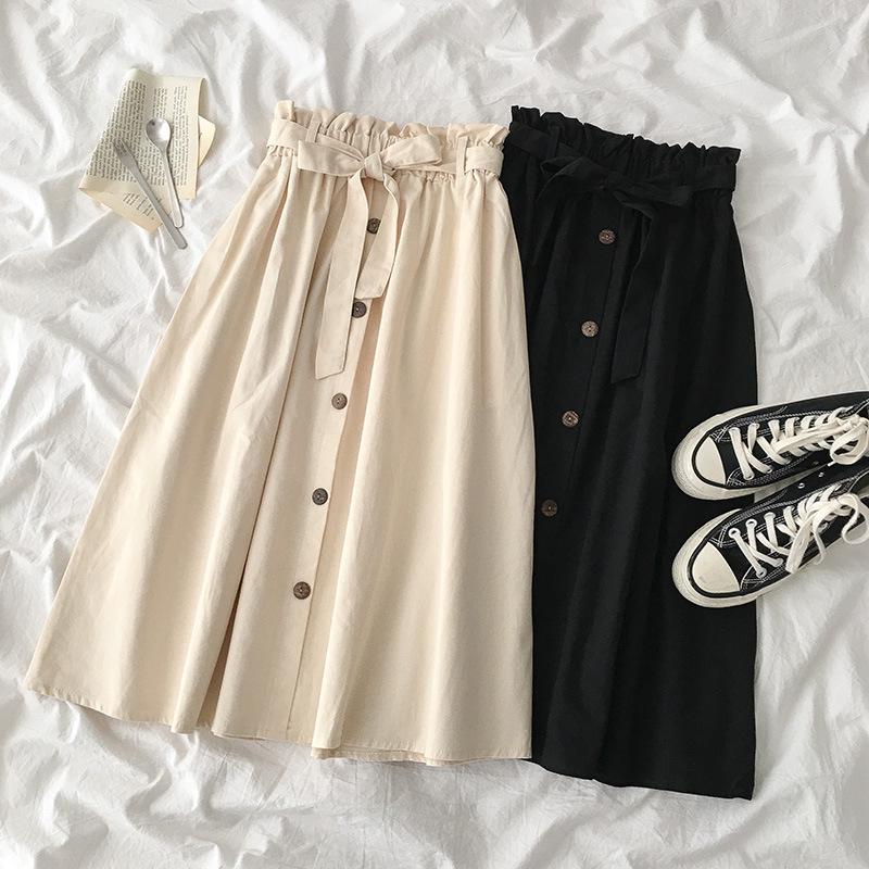 

High-Waisted Midi Skirt 2025: Versatile Korean A-Line for Spring & Autumn, Elastic Waist One Size абрикосовий