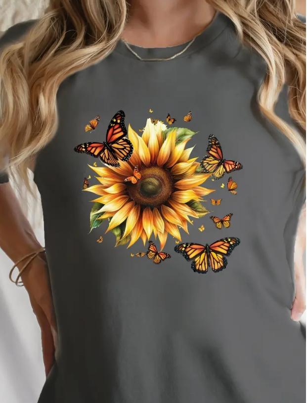 

Модная женская креативная футболка с принтом подсолнуха и бабочки, забавная повседневная футболка с круглым вырезом и короткими рукавами, летняя женская футболка 8XL серый