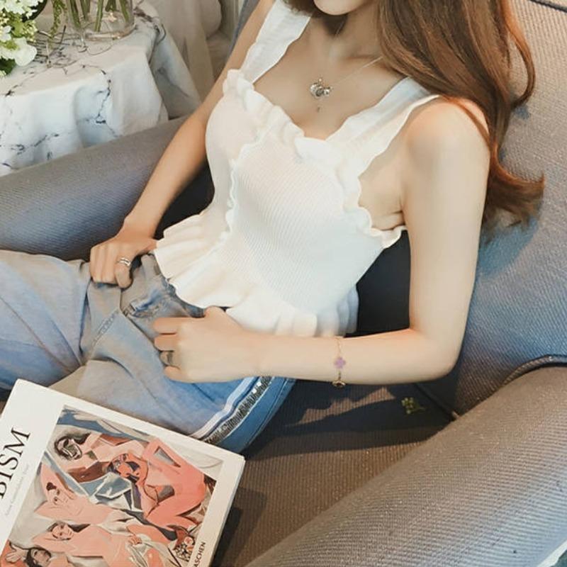 Das neue süße Pilzrand-Design Ice Silk Strick Slimmed Short Wear Wide Camisole Top Damen Sommer Ärmelloses Top