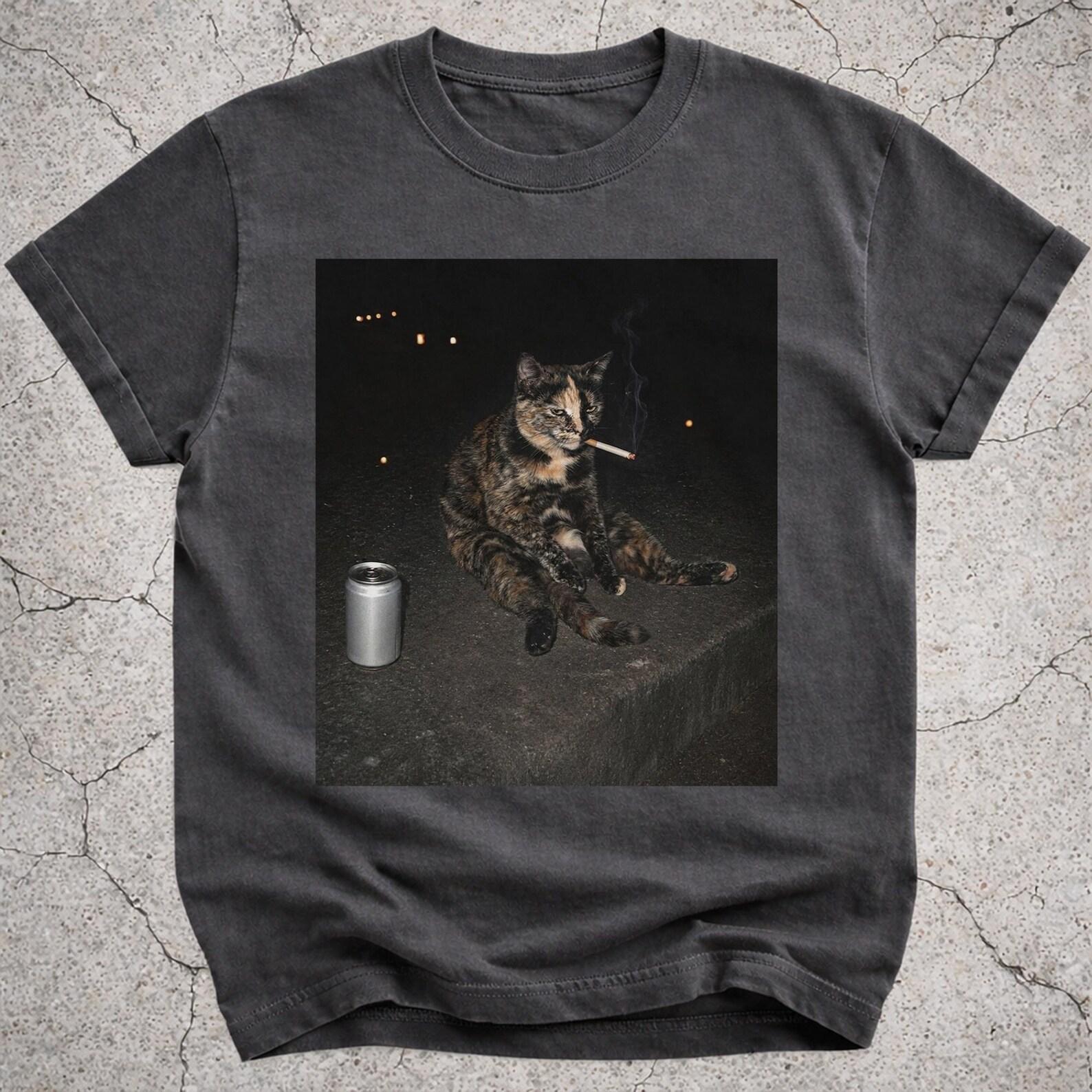 Tortoiseshell Cat Smoking Meme Shirt, Cigarette Cat Tee, Funny Drunk Cat Photo T-Shirt, Gen Z Brainrot Gift, Cat Lover Graphic Tee 4XL