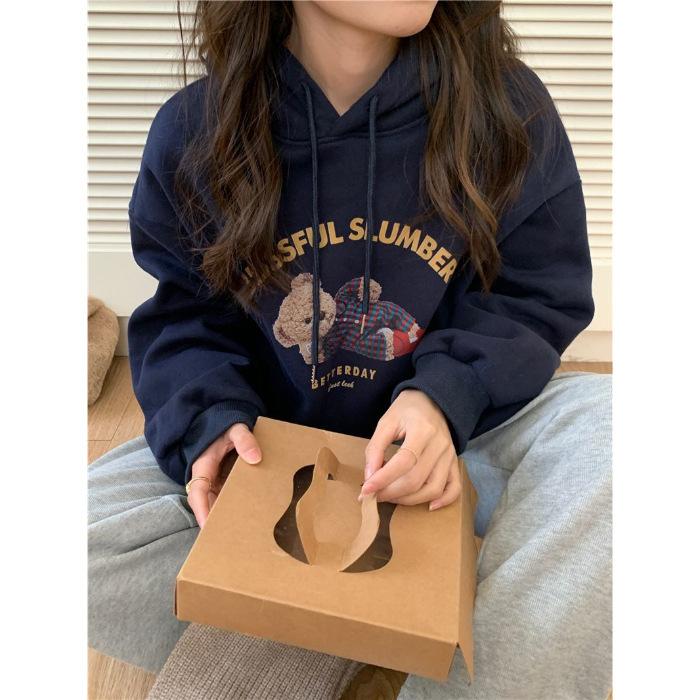 

[Wholesale] Korean version of bear print casual hooded sweater women s lazy design fleece jacket 3XL