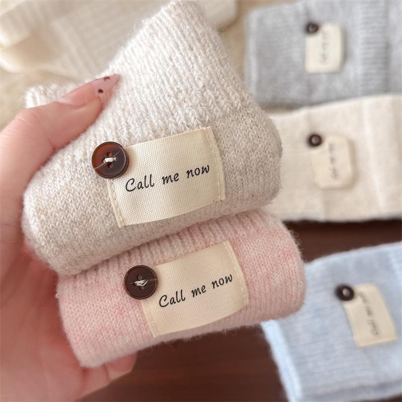 Woolen Mid-calf Women's Socks for Winter, Thickened and Warm Knitted Fabric Label Button Solid Color Simple Pile Socks