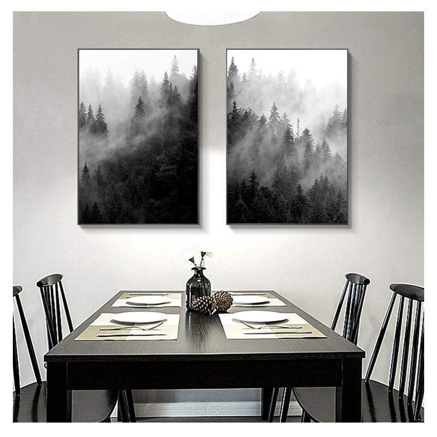 Schwarz-Weiß Baum Poster Nebelwald Landschaft Leinwandbild Wandbild Wohnzimmer Dekor Natur Drucke Kunst