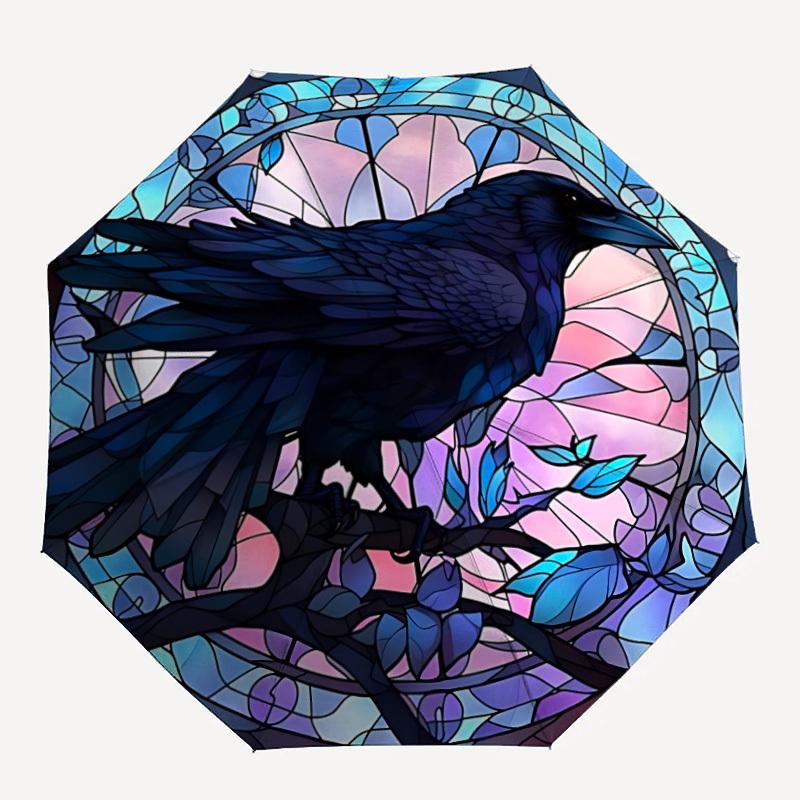 

1pc Stained Raven Fashionable Auto Opening/Closing Folding Umbrella with 8 Bones, Windproof Portable, Daily Use171