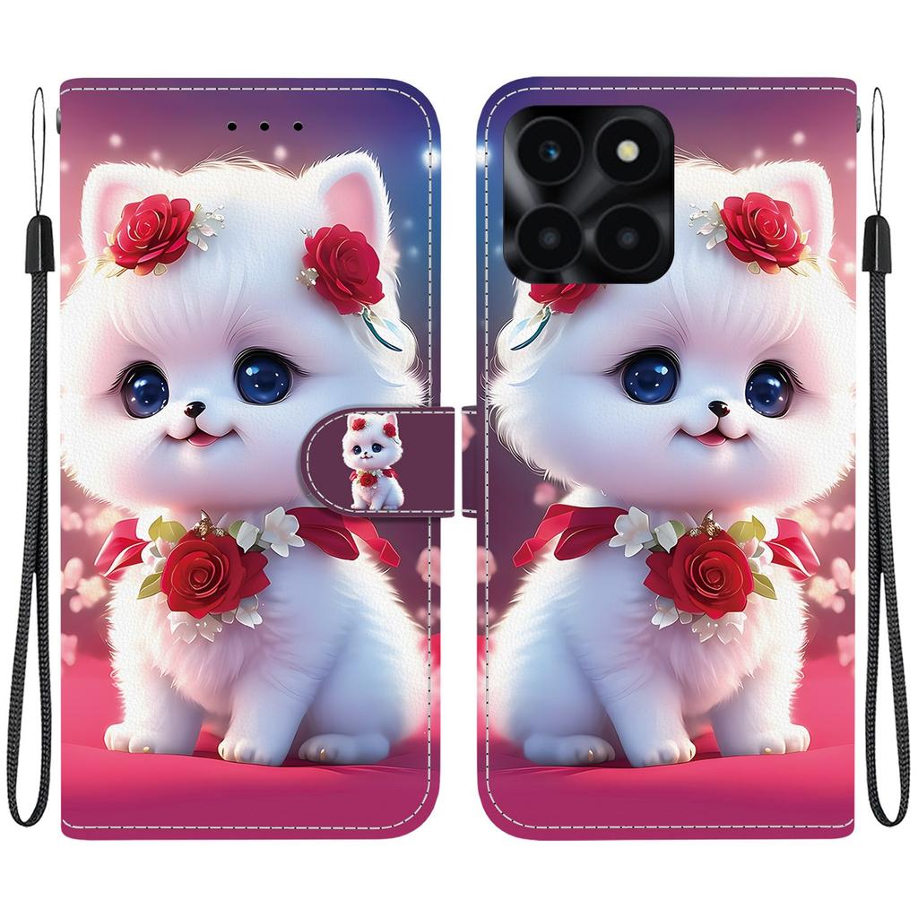 Handmade PU Leather Flip Case for Honor X6a Anti-Slip Shockproof Cover with Wrist Strap & Heart/Rose Cat Designs