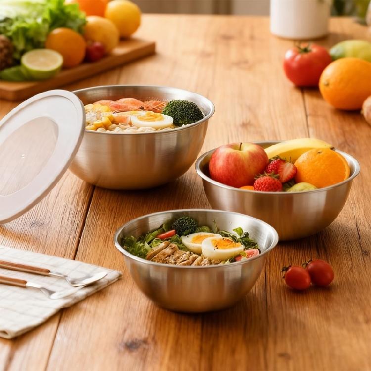 Modern Stainless Steel Mixing Bowl Set Space Saving Stackable Transparent Cover Food Storage Container