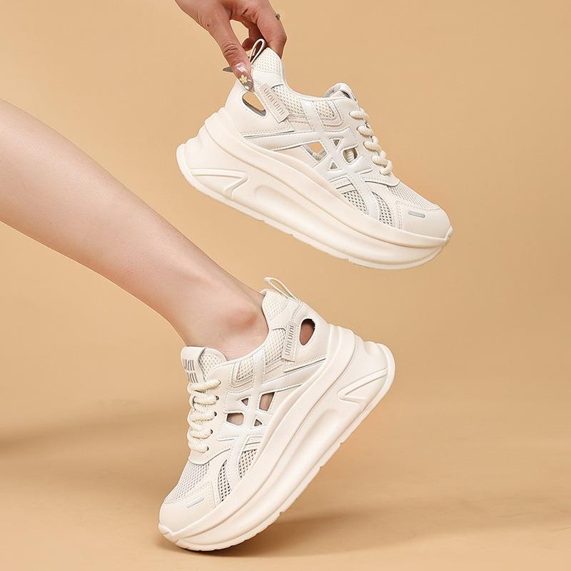 Summer new inner height cutout casual platform student shoes, lace-up color-blocking mesh shoes, small single shoes, women's shoes