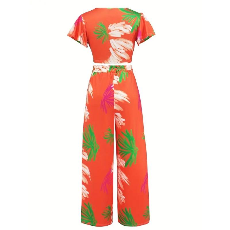 Boho Floral Print Two-piece Set, Flutter Sleeve Crop Top & Wide Leg Pants Outfits, Women's Clothing
