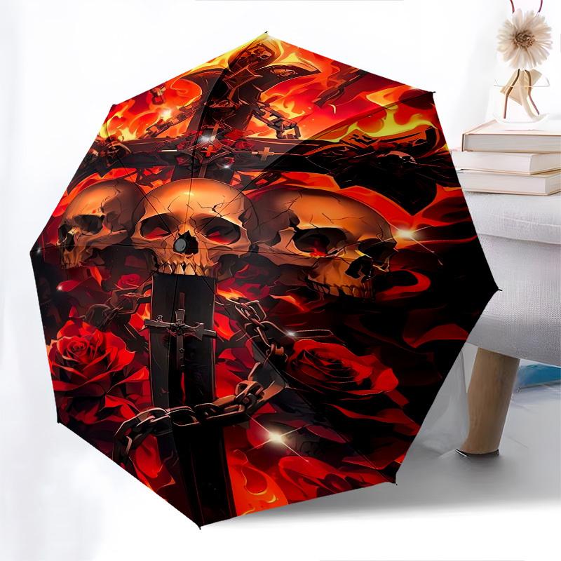 Skulls, Flames- Automatic umbrella, Four Seasons Portable Folding Umbrella, Suitable for Men and Women, Travel, Daily Compact Umbrella, Outd
