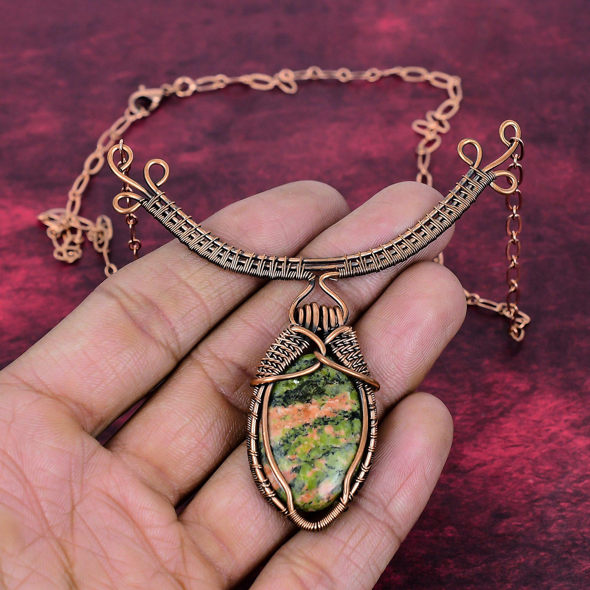 Unakite Gemstone Necklace Adjustable Chain Necklace Copper Wire Wrapped Jewelry Adjustable