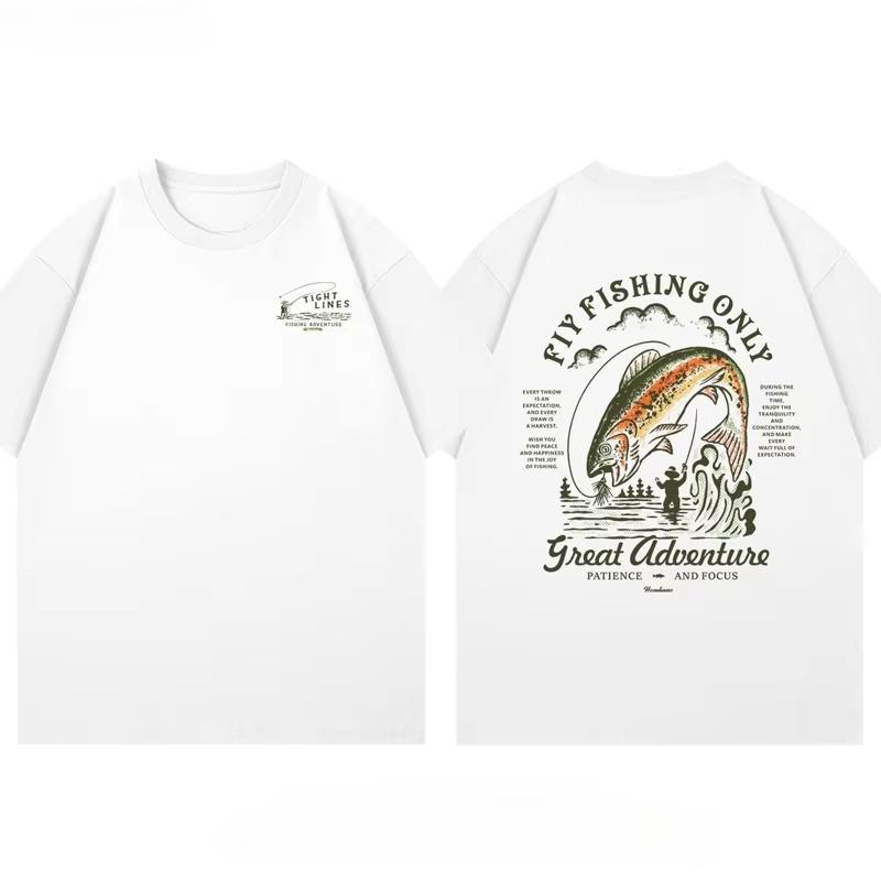 

2025 Summer New trendy fishing print cotton Tshirt loose and fashionable couple shortsleeved mens and womens tops 01 S