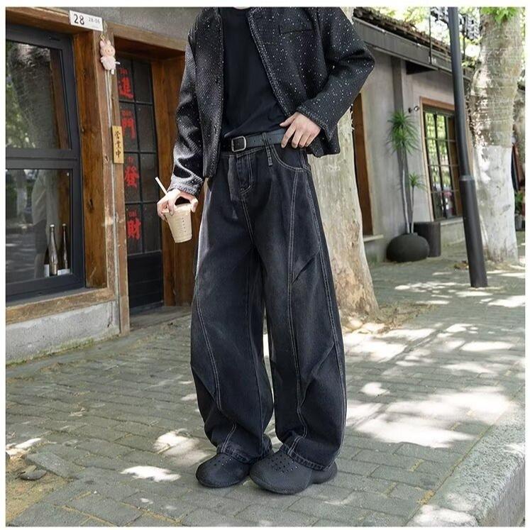 New retro washed old scimitar jeans men's loose straight casual wide-leg floor-mopping pants tide
