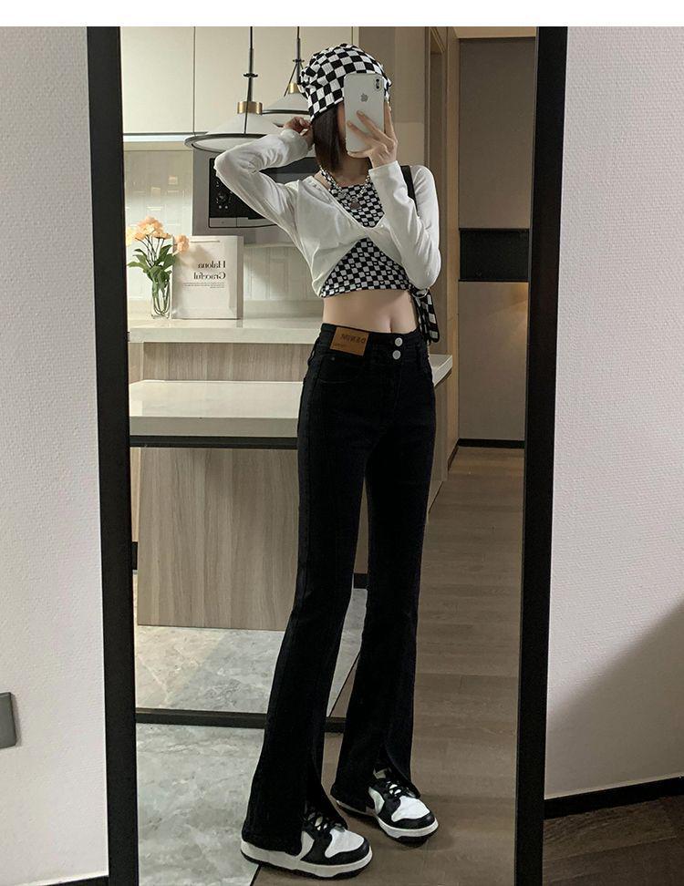 Plus Size High-Waisted Split Denim Flare Jeans for Women - Retro, Slimming, Floor-Length, Spring and Autumn Collection