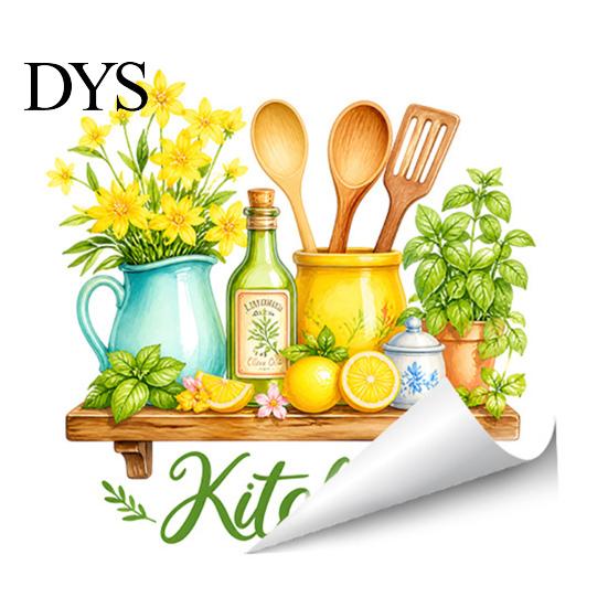 Nordic Style Wall Decor Watercolor Kitchen Stickers, Lemon Green Plant Teapot Self?Adhesive Decals, Peel Stick Mural Waterproof Stove Stickers