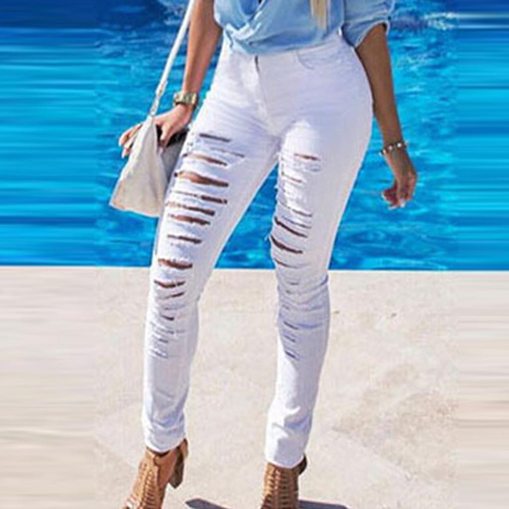 Women Slim Plus Size Ripped Hole Solid Color Long Jeans Denim Regular Pants