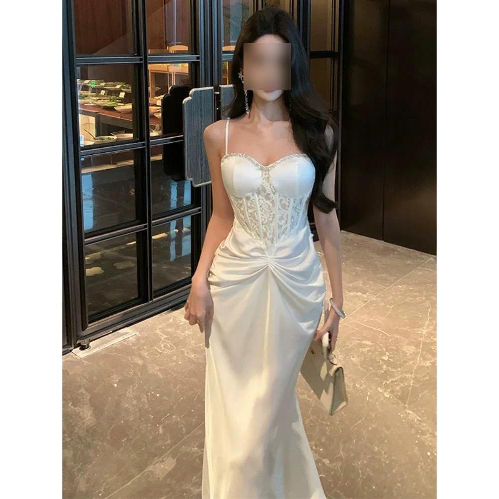 

Новый темперамент знаменитое платье на бретелях «рыбья кость» юань кружевная вставка летнее платье в темпераментном легком и знакомом стиле XL- (recommended 110-60kg)