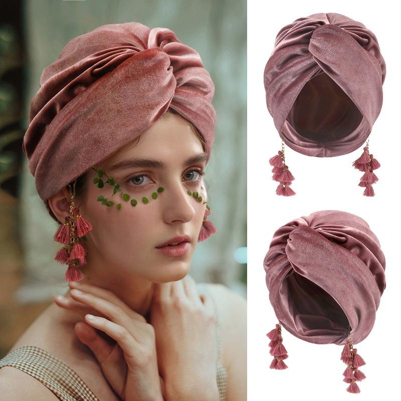 Spring New Women's Headscarf Hat Retro Special Style Fashionable and Trendy Tassel Cap Bohemian-style Cross Cap