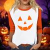 Women's Casual Three Quarter Sleeve Halloween Pumpkin Face Print Crew Neck Shirt Lightweight Comfortable Fit Top for Fall