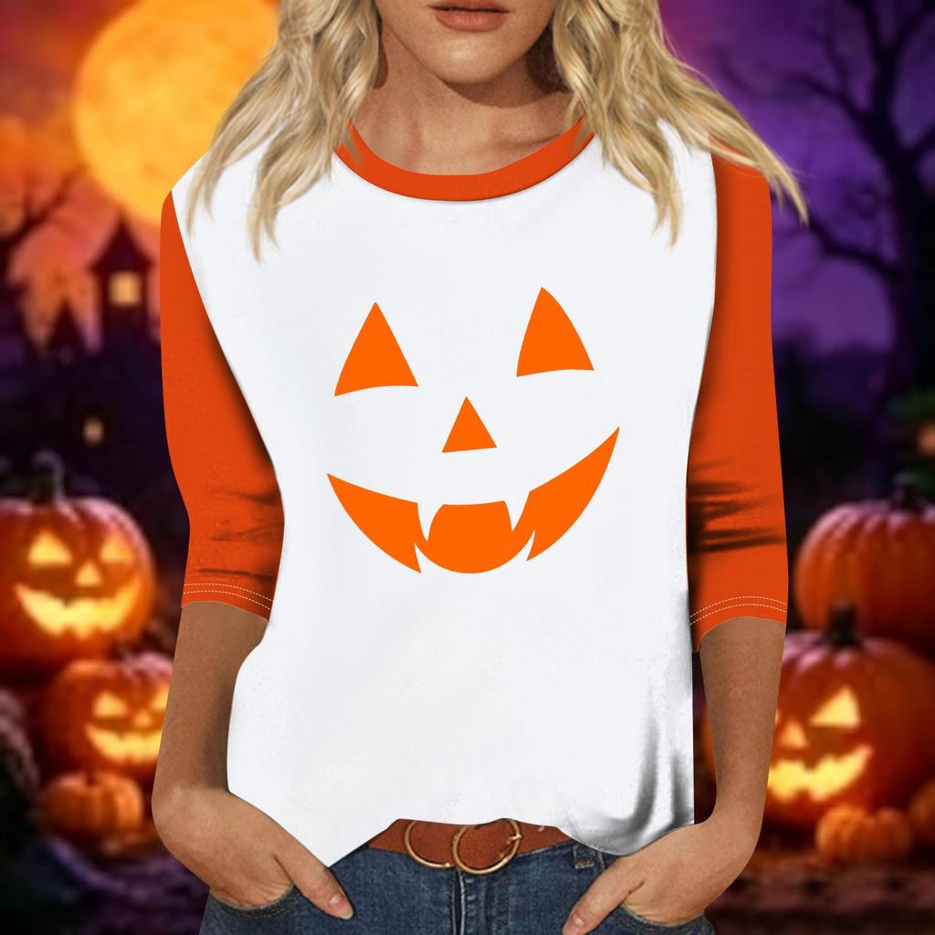 Women's Casual Three Quarter Sleeve Halloween Pumpkin Face Print Crew Neck Shirt Lightweight Comfortable Fit Top for Fall