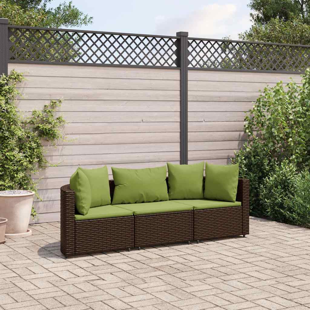 3 Piece Garden Sofa Set with Cushions Brown Poly Rattan