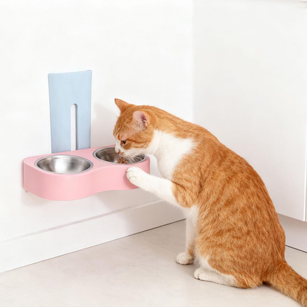 Wall Mounted Pet Feeding Bowl Stainless Steel Height Double Bowls Wall Pet Dish Feeding Station