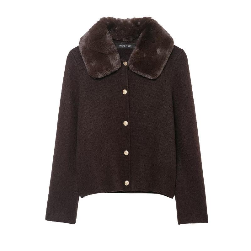 European & American Women s Faux Fur Collar Knitted Cardigan S
