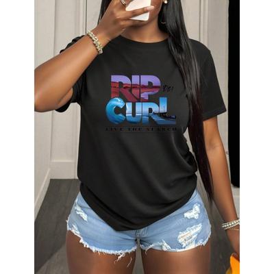 T-shirt da Donna Leggera con Stampa Logo Vivace Nero Girocollo Manica Corta Comfort Top Casual per Esterno Spiaggia Uso Quotidiano Regalo di Famiglia