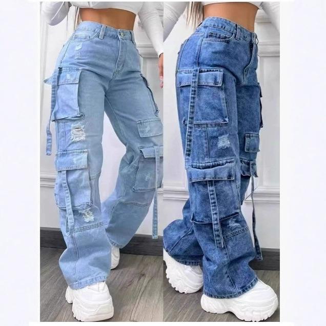 Women's High Waist Multi-Pocket Distressed Wide Leg Cargo Denim Jeans