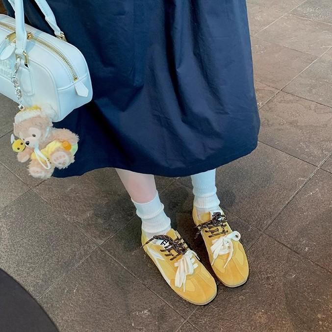 Grape Mother's Same 3cm Inner Height Increase~ Retro Mandarin Duck Shoelaces Spliced Mesh Breathable and Versatile Casual Shoes German Training Shoes