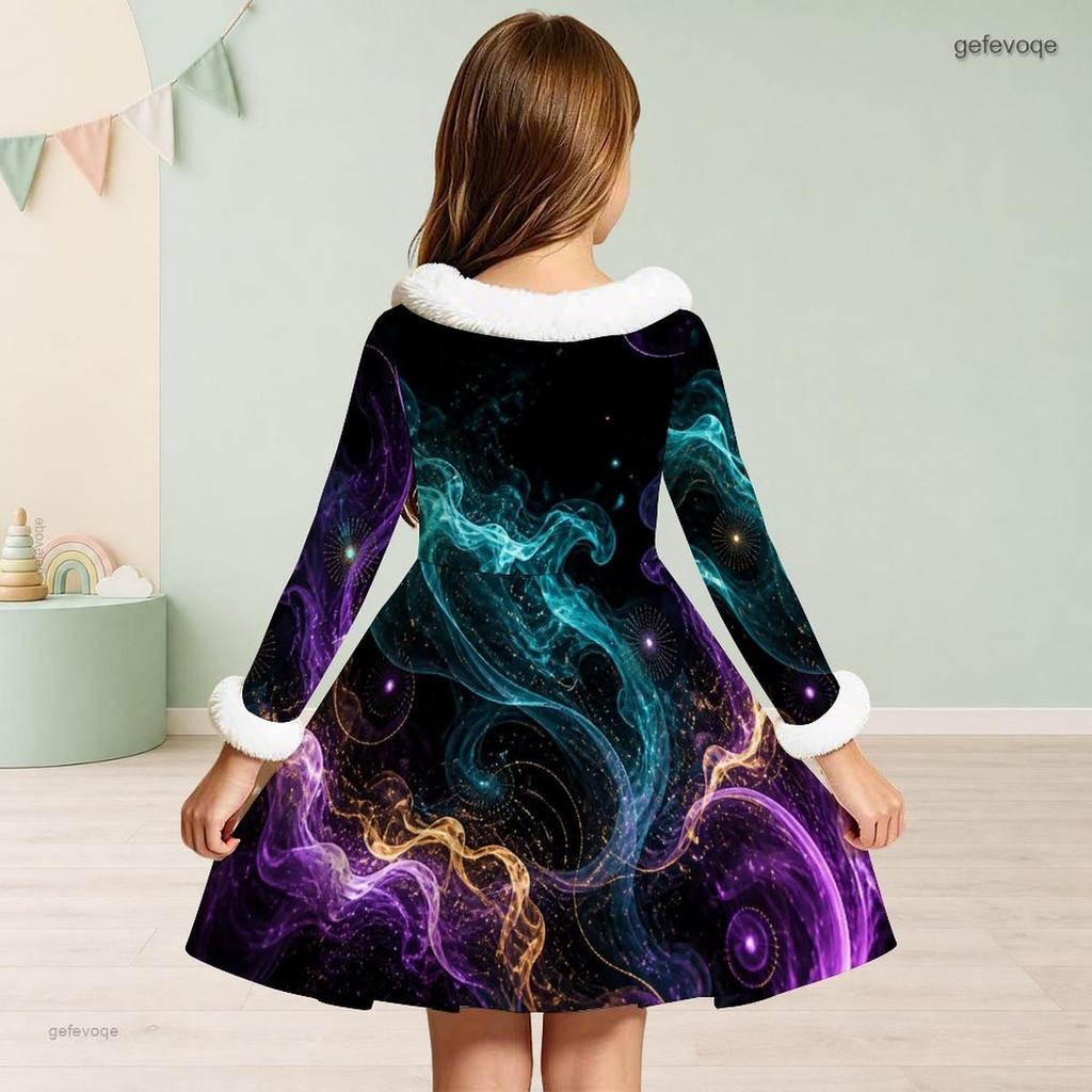 Girls Furry Collar Long Sleeve Galaxy Printed A Line Flared Dress
