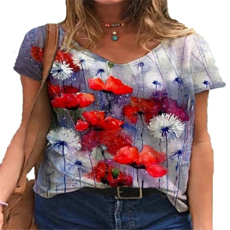 T-skjorte med V-hals for kvinner Street Trend Fritidsskjorte 3d-trykk Allsidige klær Løs mote Komfortabel halvermet