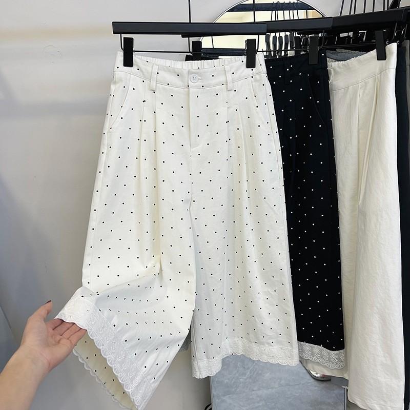 

Женские повседневные брюки-девятиточки с кружевной вставкой в горошек, лето 2025, новые свободные иностранные брюки с высокой талией и широкими штанинами M белый